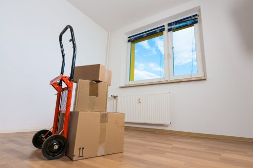 Office furniture and equipment prepared for a Tooting business move